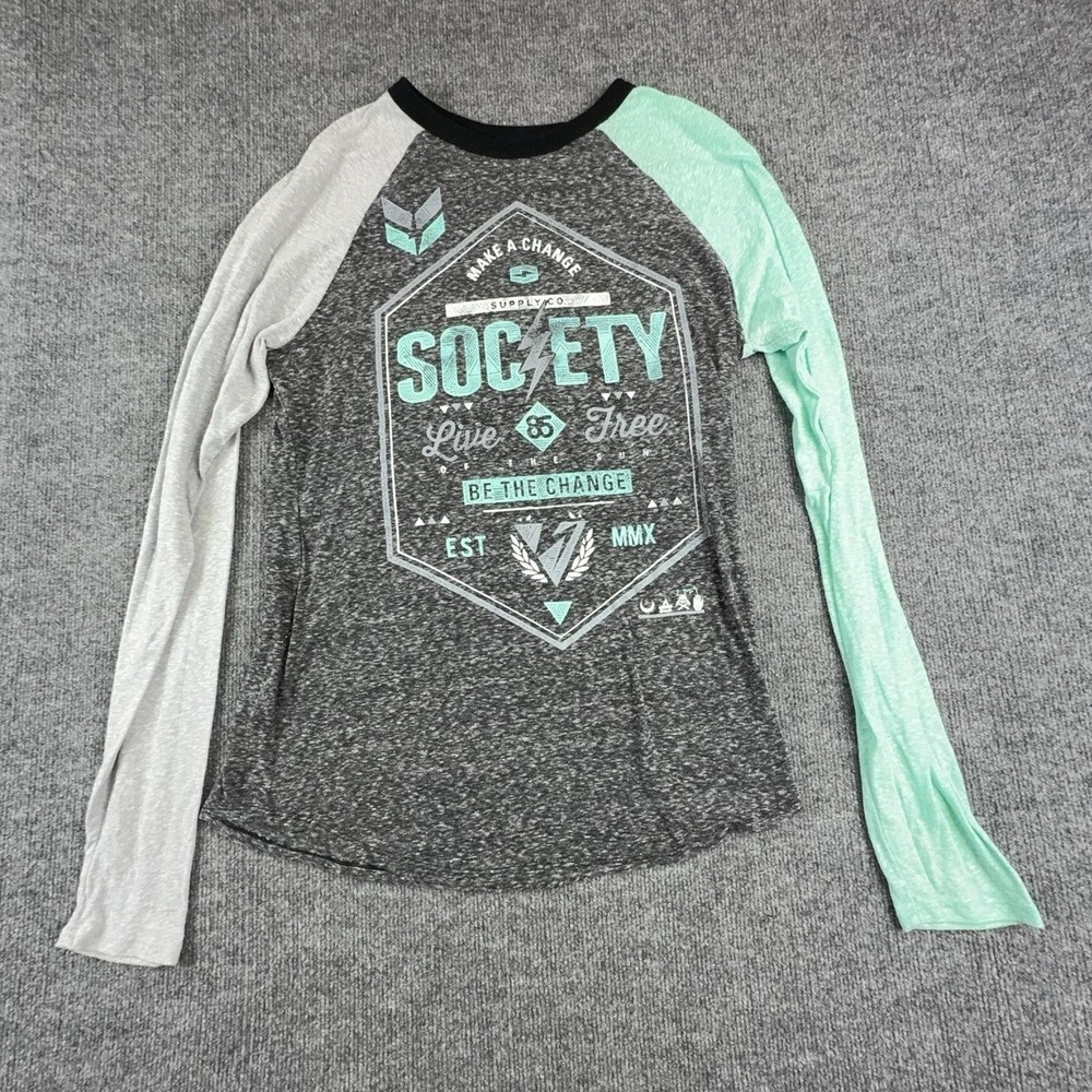 Society Shirt Mens Large Gray Mint Live Free Graphic Raglan Long Sleeve Tee